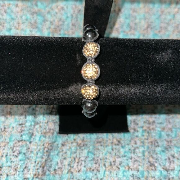 Beaded Black Steel Champagne Cz Center Jewels Braided Jute Bracelet - Picture 2 of 5